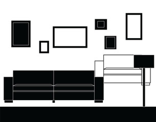 Modern sofa furniture set with frames and lamp. Vector