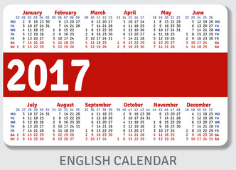 English pocket calendar for 2017, standard size ISO 7810 ID-1, vector template