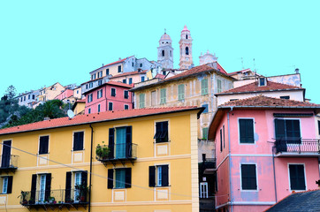 The old town of Cervo, Liguria, Italy, with the beautiful baroque church arising from the houses.