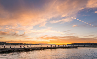 scene of walk way on the lake when sunset in Gene Coulon Memorial,Washington,usa.