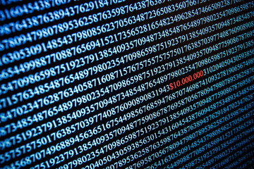 Numbers on computer screen. Macro photography with visible pixels and millions dollars.
