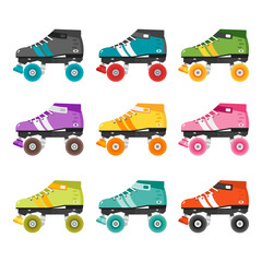 Vector set of flat quad roller skates.