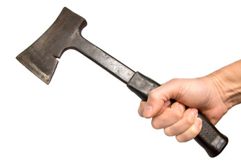 old metal axe in a hand, it is isolated on the white