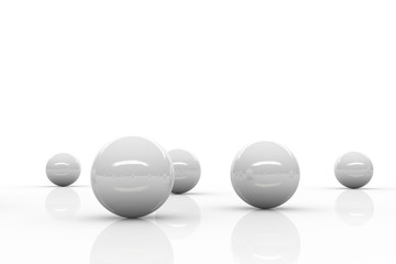 five white reflective spheres blending into a bright white environment