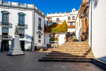 Central square in old town with Salvador church and monument in Santa Cruz de la Palma in Spain
