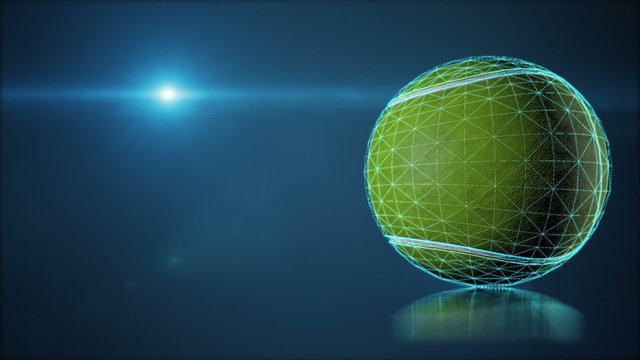 Tennis ball rotating on blue background, loop animation.