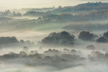 Lingering Autumn morning fog in Lake District countryside.
