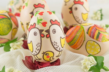 Chicken decorated Easter eggs