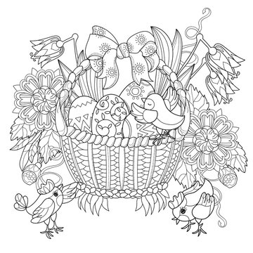 Hand drawn doodle outline easter eggs in basket