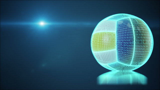 Wireframe model of volleyball rotating on blue background, loop animation.