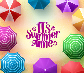 Fototapeta premium Colorful Beach Umbrellas Background with Summer Time Title in Sea Shore for Summer Season. Vector Illustration 