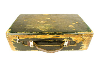 wooden case with leather handle isolated on white background. Old suitcase on a white background. Old travel wooden bag. Wooden suitcase isolated on white background