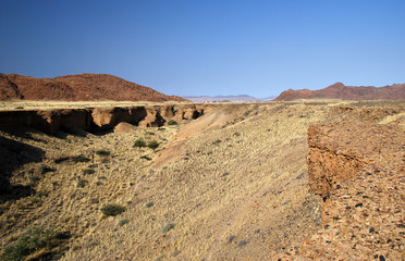 Stony desert plane broken by canyon and mountains in the background