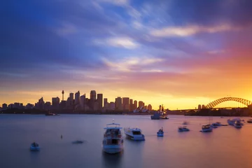 Foto op Aluminium Australië Sydney City CBD uitzicht vanaf Cremorne Point over havenwateren bij zonsondergang, genomen door lange belichtingstechniek © structuresxx