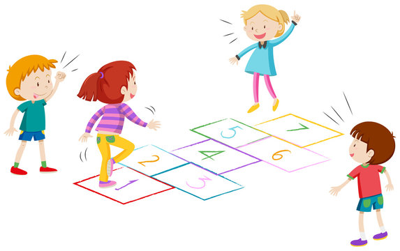 Boys and girls playing hopscotch