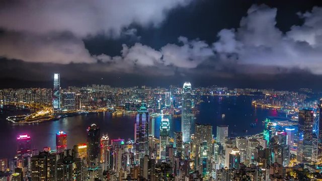 Hong Kong night city skyline timelapse video. Beautiful 4K panorama background