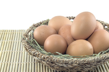 Eggs in basket isolated on white background