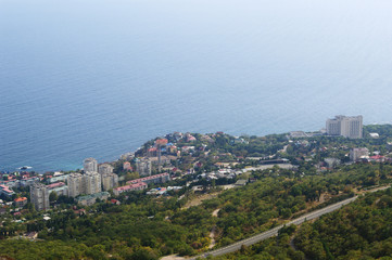 Fototapeta na wymiar panoramic top view of township Foros and Black sea coast, Crimea, Russia 
