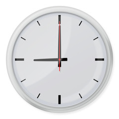 Round wall clock with shadows isolated on white background.