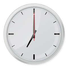 Round wall clock with shadows isolated on white background.