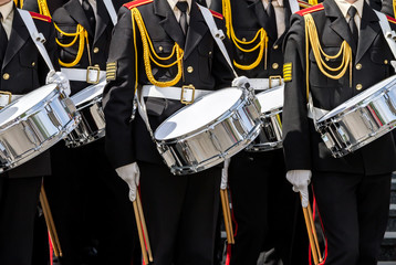 military band drummers marching at the parade