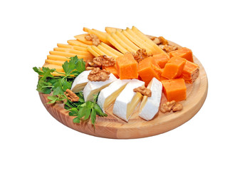 Various types of cheese on white background