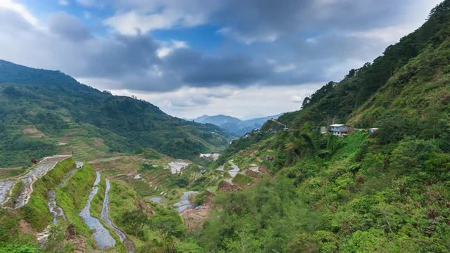 Banaue rice terraces on mountain hill sides in rural Philippines. Asia Timelapse
