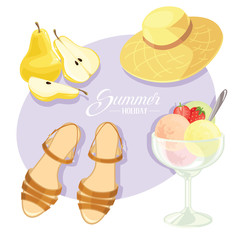 Vector illustration of summer holiday motive. Pear and pear slice, straw hat, sandals and ice cream. Balls of ice cream with strawberry and strawberry slice in glass cup.