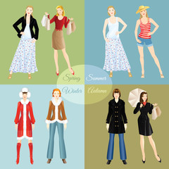 Vector illustration of woman in clothes for different season isolated on color background. Winter, spring, summer and autumn.