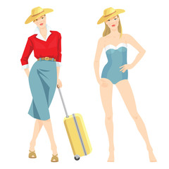 Vector illustration of woman with a suitcase going traveling isolated on white background. Beautiful blonde girl in swimsuit