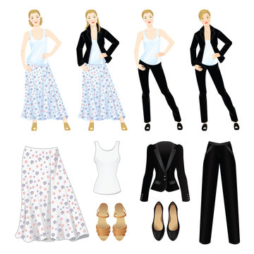 Vector illustration of different look with black suit and white shirt. Romantic and formal style of clothes. Pretty woman in white blouse, black jacket and skirt with flower print. Various hairstyle
