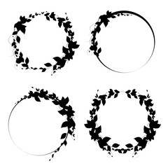 Set of round frames. black framework with leaves. Vector round d