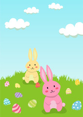 Two Easter Rabbit are playing and collecting easter eggs in garden.