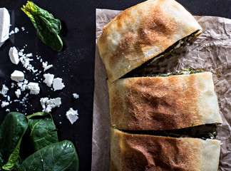Pie or strudel with spinach and feta cheese