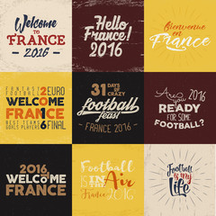 France europe Football typography labels, 2016 Soccer overlays, tournament logo. Championship, league Hand lettering retro design for presentations, brochures, sports equipment, web, print, identity