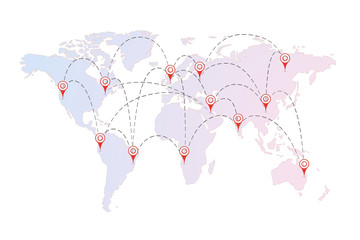Air routes between cities with red pins on the world map
