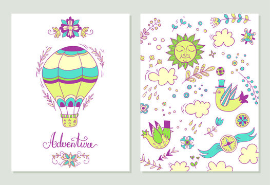 Adventure. set of cards with hand drawn elements