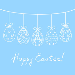 Vector illustration Easter eggs with hand drawn angel, chicken, rabbit and abstract ornaments, suspended on twine above title Happy Easter