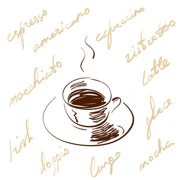Vector illustration hand drawn coffee cup with hot black coffee and saucer, decorated with handwritten coffee types