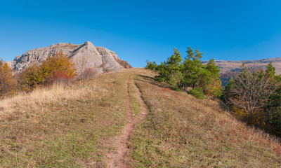 Path to Bald Ivan mountain at autumn season - mountain pasture Demerdzhi, Crimea, Ukraine.
