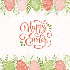 Easter background with Happy easter text. Decorative Ester borders from Easter eggs and floral elements. Easter eggs with ornaments in peach and grass colors.