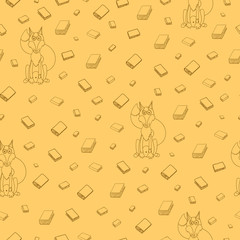Fun seamless pattern with cartoon books and clever fox in glasse