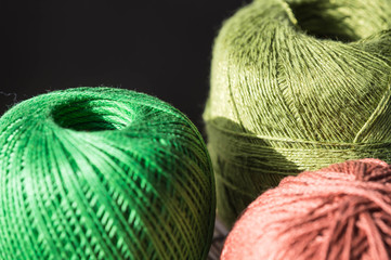 Skeins of yarn of different colors close up