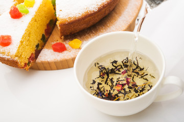 Close up of natulal hot tea with pie