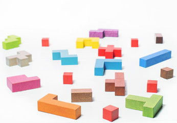  Geometric shapes, tetris toy wooden blocks. Logical thinking