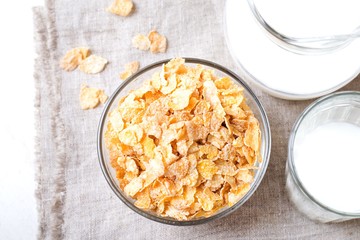 corn flakes with milk. top view