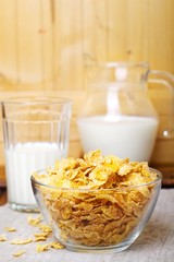 corn flakes with milk. selective focus