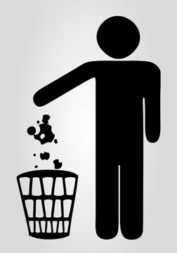 Silhouette of a man who throws trash in the trash.