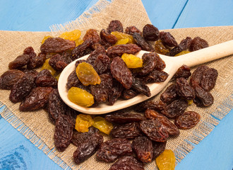 the raisins on a blue board