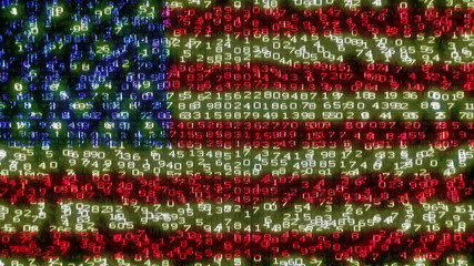 Cyber USA Flag - Digital Data Code Matrix. Camera moving back from extreme close up of the monitor screen, showing United States flag built of digits.